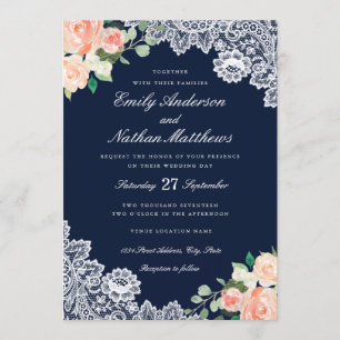 Elegant Floral Lace Navy Peach Wedding Invitation
