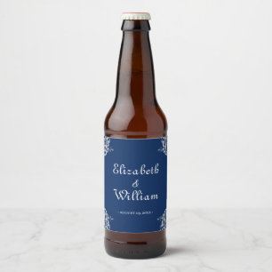 Elegant Floral Lace on Navy Blue Wedding Beer Bottle Label