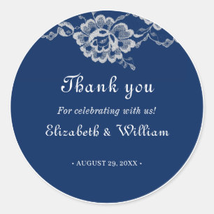 Elegant Floral Lace on Navy Blue Wedding Classic Round Sticker