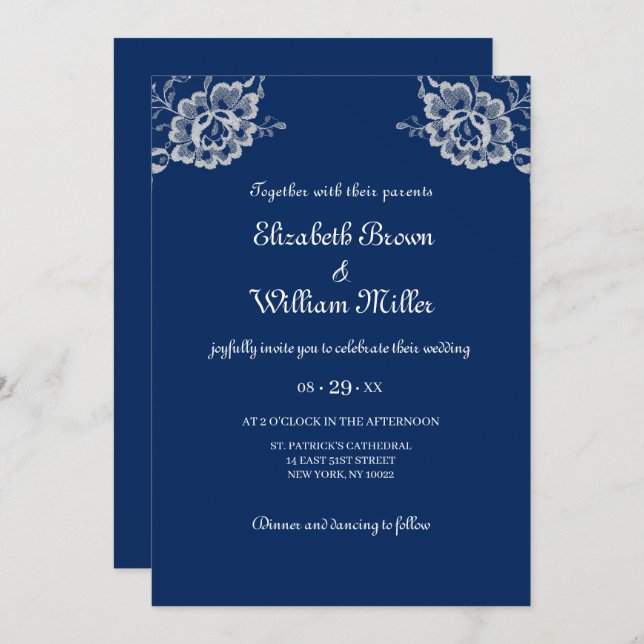 Elegant Floral Lace on Navy Blue Wedding Invitation (Front/Back)