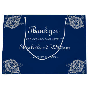 Elegant Floral Lace on Navy Blue Wedding Large Gift Bag