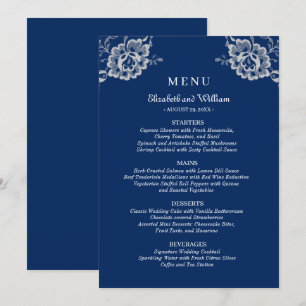 Elegant Floral Lace on Navy Blue Wedding Menu
