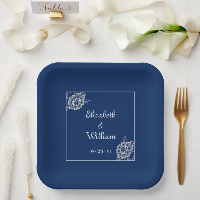Elegant Floral Lace on Navy Blue Wedding Paper Plate (Wedding)