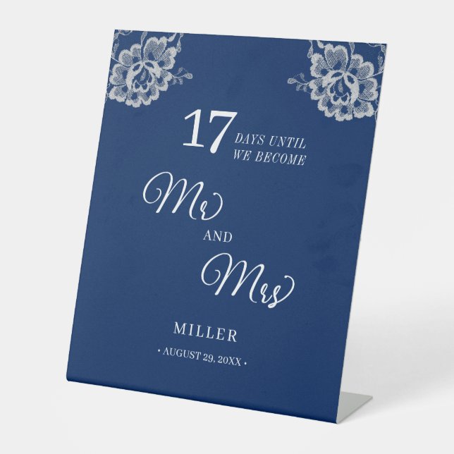 Elegant Floral Lace on Navy Blue Wedding Pedestal Sign (Front)