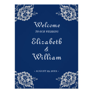 Elegant Floral Lace on Navy Blue Wedding Photo Print