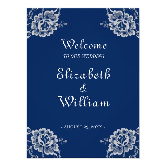 Elegant Floral Lace on Navy Blue Wedding Photo Print (Front)