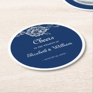 Elegant Floral Lace on Navy Blue Wedding Round Paper Coaster