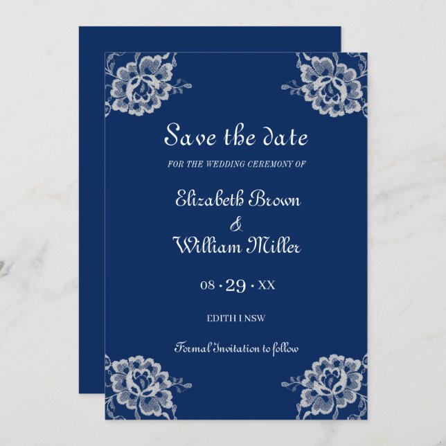 Elegant Floral Lace on Navy Blue Wedding Save The Date (Front/Back)