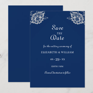 Elegant Floral Lace on Navy Blue Wedding Save The Date