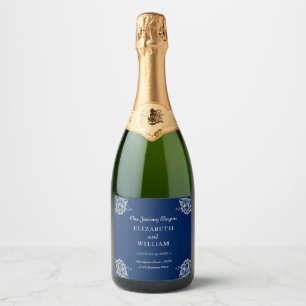 Elegant Floral Lace on Navy Blue Wedding Sparkling Wine Label