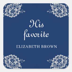 Elegant Floral Lace on Navy Blue Wedding Square Sticker