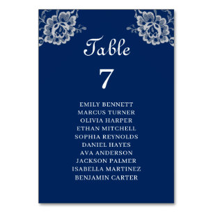 Elegant Floral Lace on Navy Blue Wedding Table Number