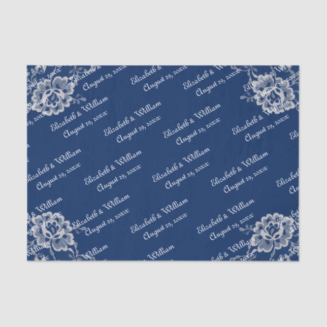 Elegant Floral Lace on Navy Blue Wedding Tissue Paper (Front)