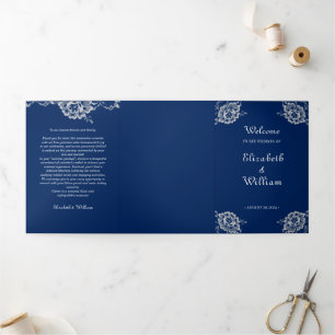 Elegant Floral Lace on Navy Blue Wedding Tri-Fold Programme