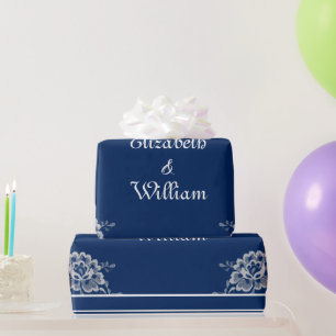 Elegant Floral Lace on Navy Blue Wedding Wrapping Paper