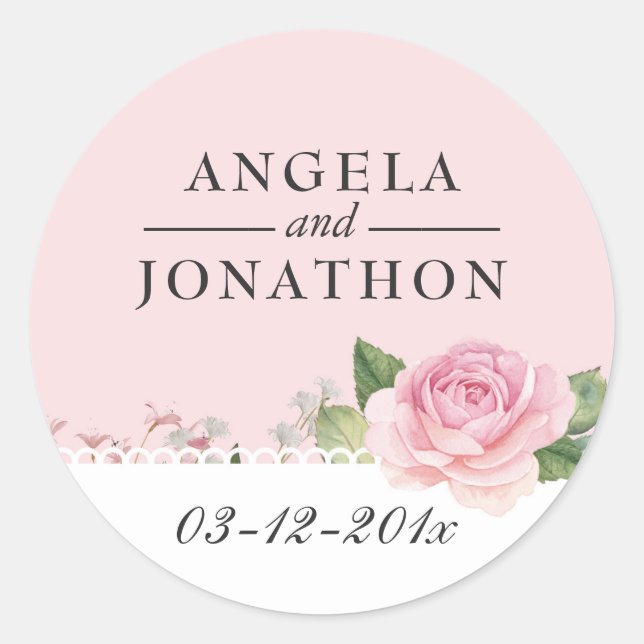 Elegant Floral Lace Pale Pink Wedding Stickers (Front)