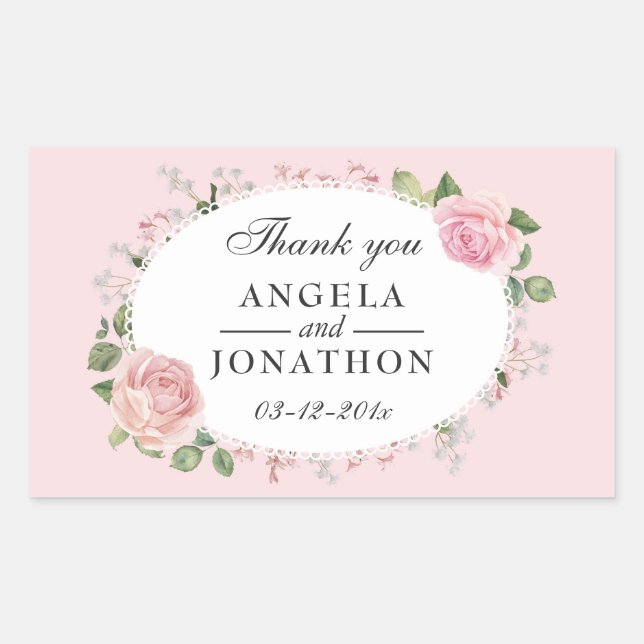 Elegant Floral Lace Pale Pink Wedding Thank You Rectangular Sticker (Front)
