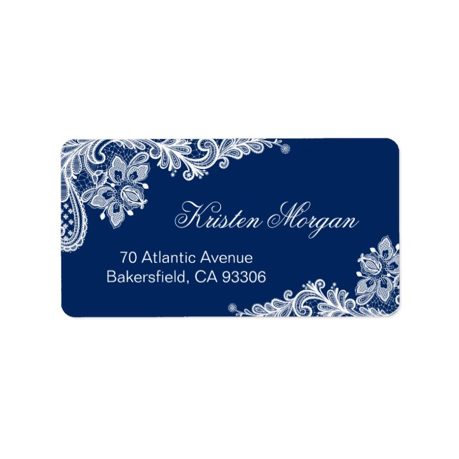 Elegant Floral Lace Stylish Navy Blue White Label (Front)