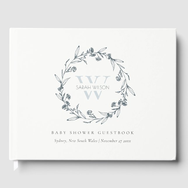 Elegant Floral Laurel Wreath Monogram Baby Shower Guest Book (Front)