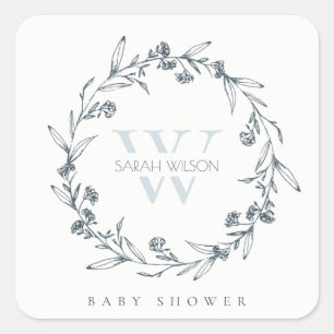 Elegant Floral Laurel Wreath Monogram Baby Shower Square Sticker