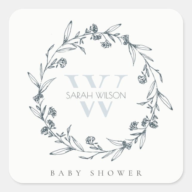 Elegant Floral Laurel Wreath Monogram Baby Shower Square Sticker (Front)