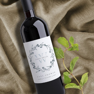 Elegant Floral Laurel Wreath Monogram Baby Shower Wine Label
