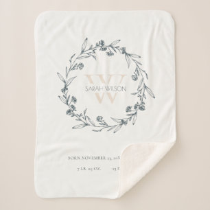 Elegant Floral Laurel Wreath Monogram Baby Stats Sherpa Blanket