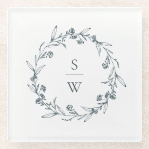 Elegant Floral Laurel Wreath Monogram Wedding Glass Coaster