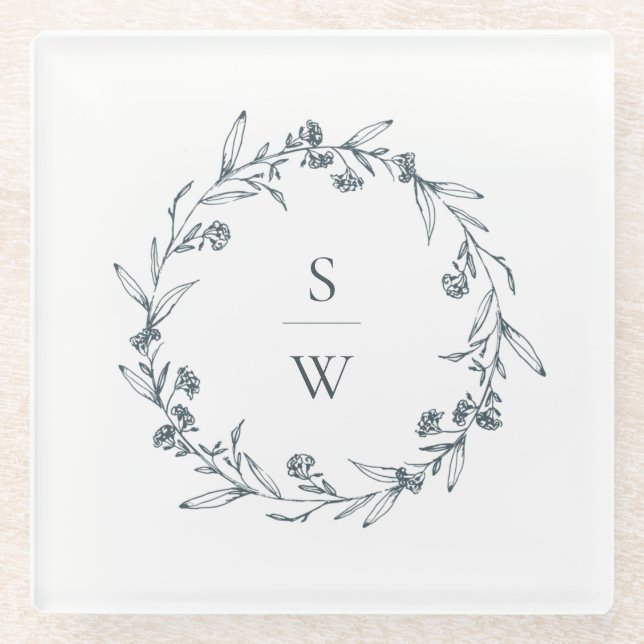Elegant Floral Laurel Wreath Monogram Wedding Glass Coaster (Front)