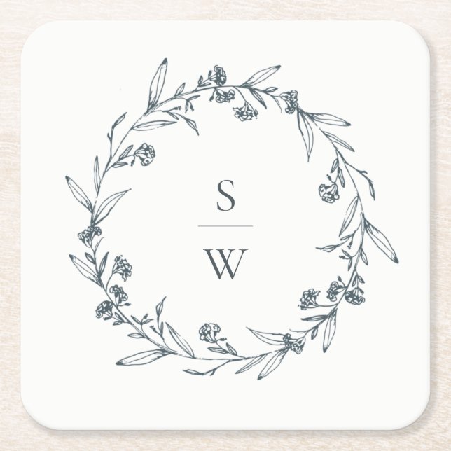 Elegant Floral Laurel Wreath Monogram Wedding Square Paper Coaster (Front)