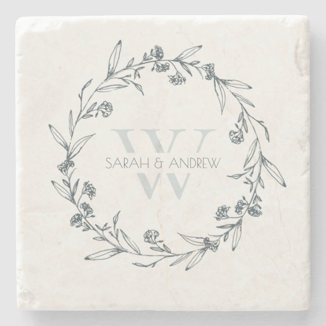 Elegant Floral Laurel Wreath Monogram Wedding Stone Coaster (Front)