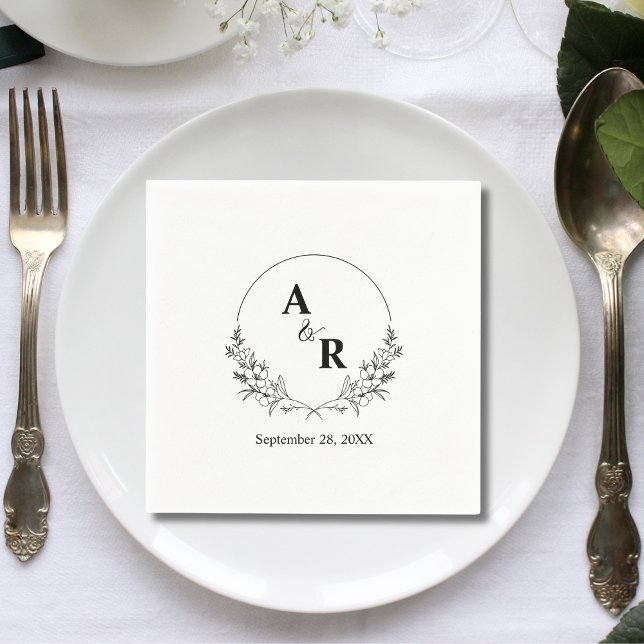 Elegant Floral Laurel Wreath Wedding Monogrammed Napkin (Creator Uploaded)