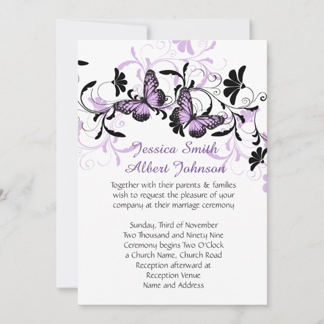 Elegant Floral Lavender Butterfly Wedding Invite (Front)