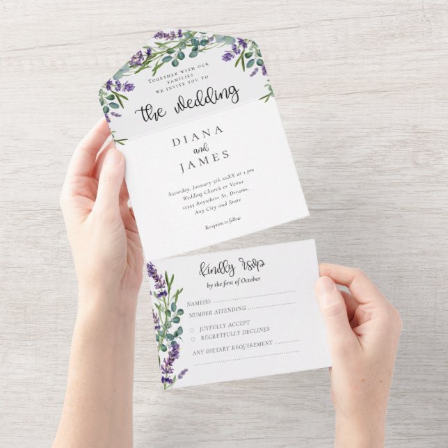 Elegant Floral Lavender Calligraphy Wedding All In One Invitation (Tearaway)