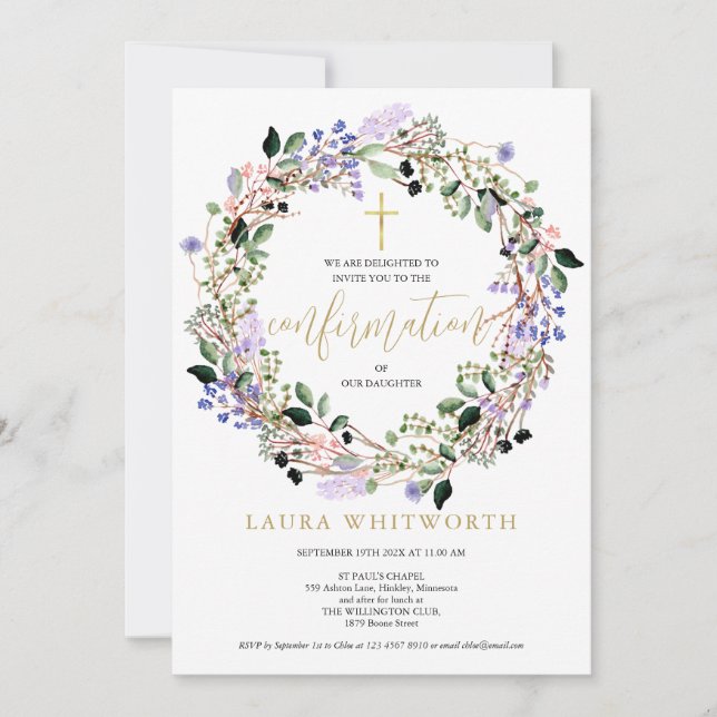 Elegant Floral Lavender Garland Confirmation Invitation (Front)