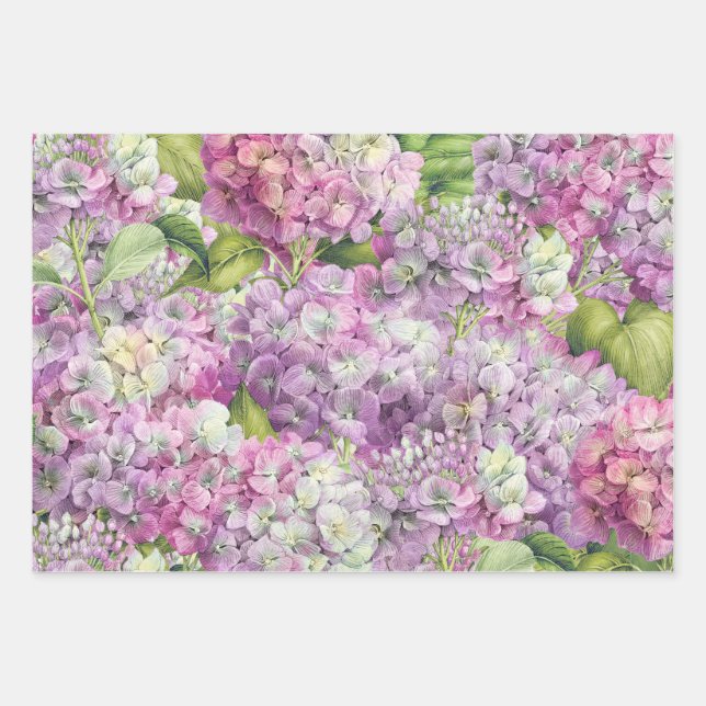 Elegant Floral Lavender Pink Hydrangea Pattern Wrapping Paper Sheet (Front)