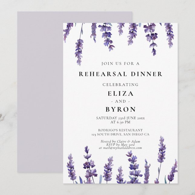 Elegant floral lavender rehearsal dinner invitation (Front/Back)
