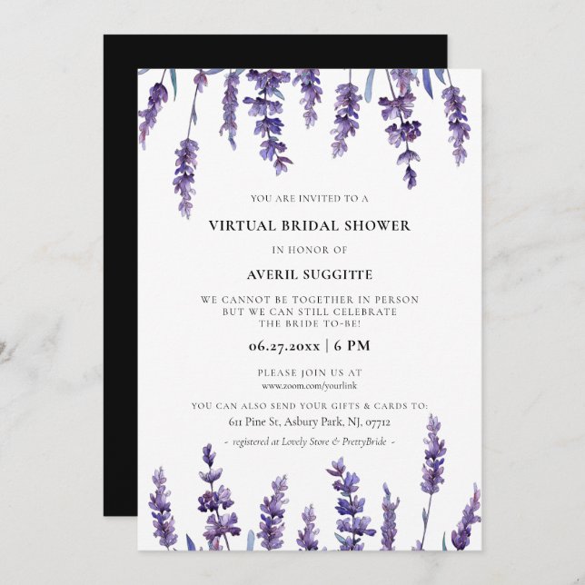 Elegant floral lavender Virtual Bridal shower Invitation (Front/Back)