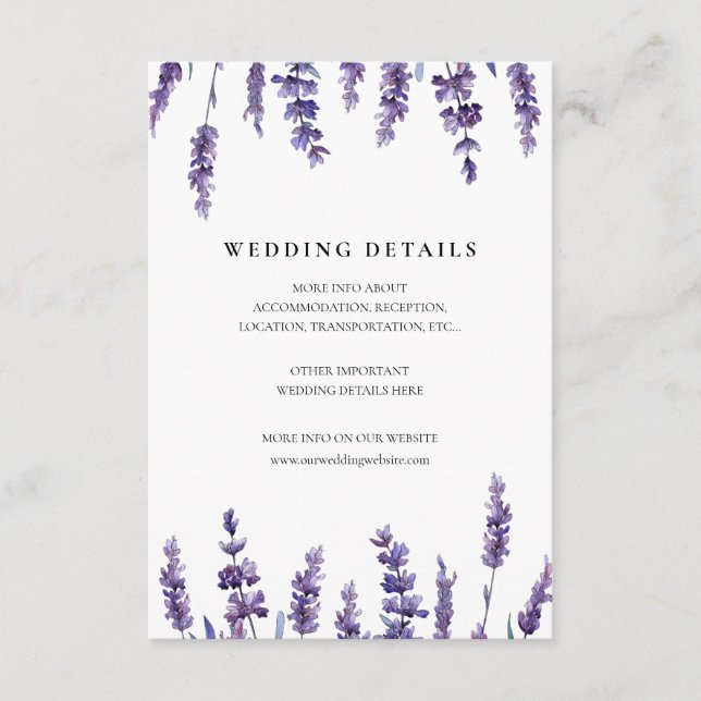 Elegant floral lavender wedding details card (Front)