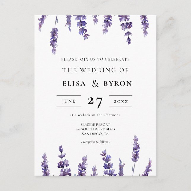 Elegant floral lavender wedding invitation postcard (Front)