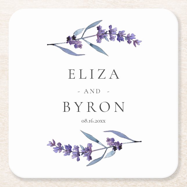 Elegant floral lavender wedding square paper coaster (Front)