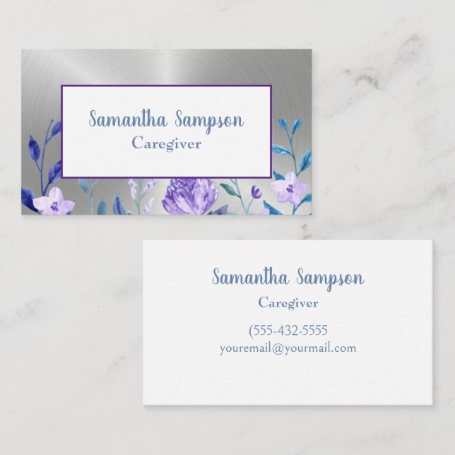 Elegant Floral Lavender White Watercolor Caregiver Business Card (Front/Back)