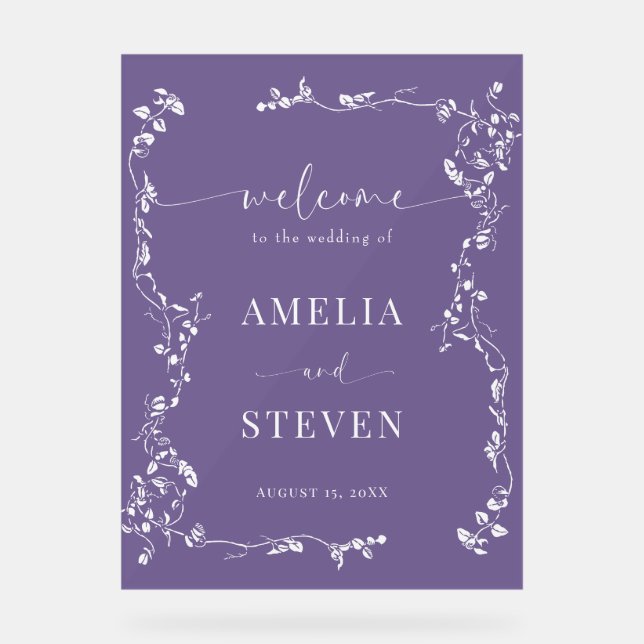 Elegant Floral Leaf Classic Wedding  Acrylic Sign (Front)