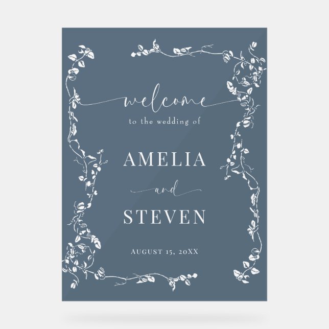 Elegant Floral Leaf Classic Wedding  Acrylic Sign (Front)