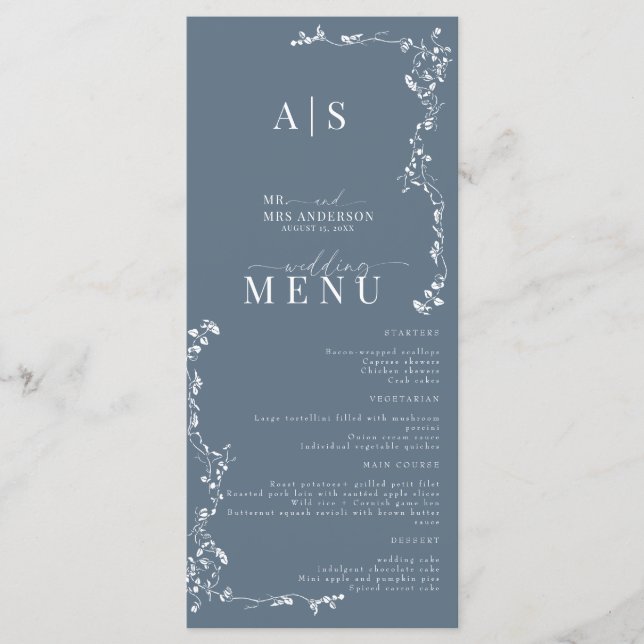 Elegant Floral Leaf Classic Wedding  Menu (Front)