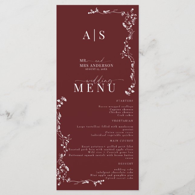 Elegant Floral Leaf Classic Wedding  Menu (Front)
