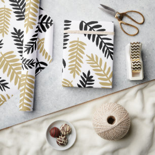 Elegant Floral Leaves Botanical Pattern on White Wrapping Paper