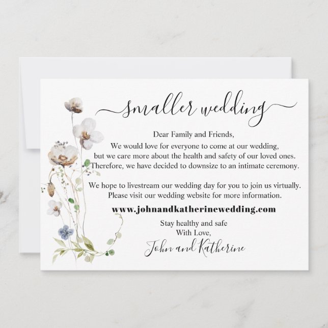 Elegant Floral Leaves Smaller Wedding Virtual Announcement (Front)