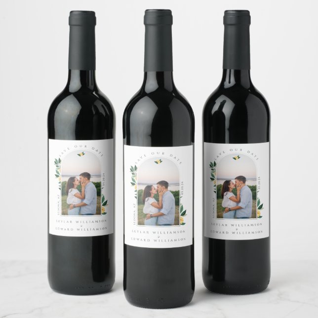 Elegant Floral Lemon Tree Arch Photo Save The Date Wine Label (Bottles)