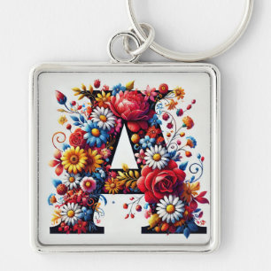 Elegant Floral Letter A Design Key Ring